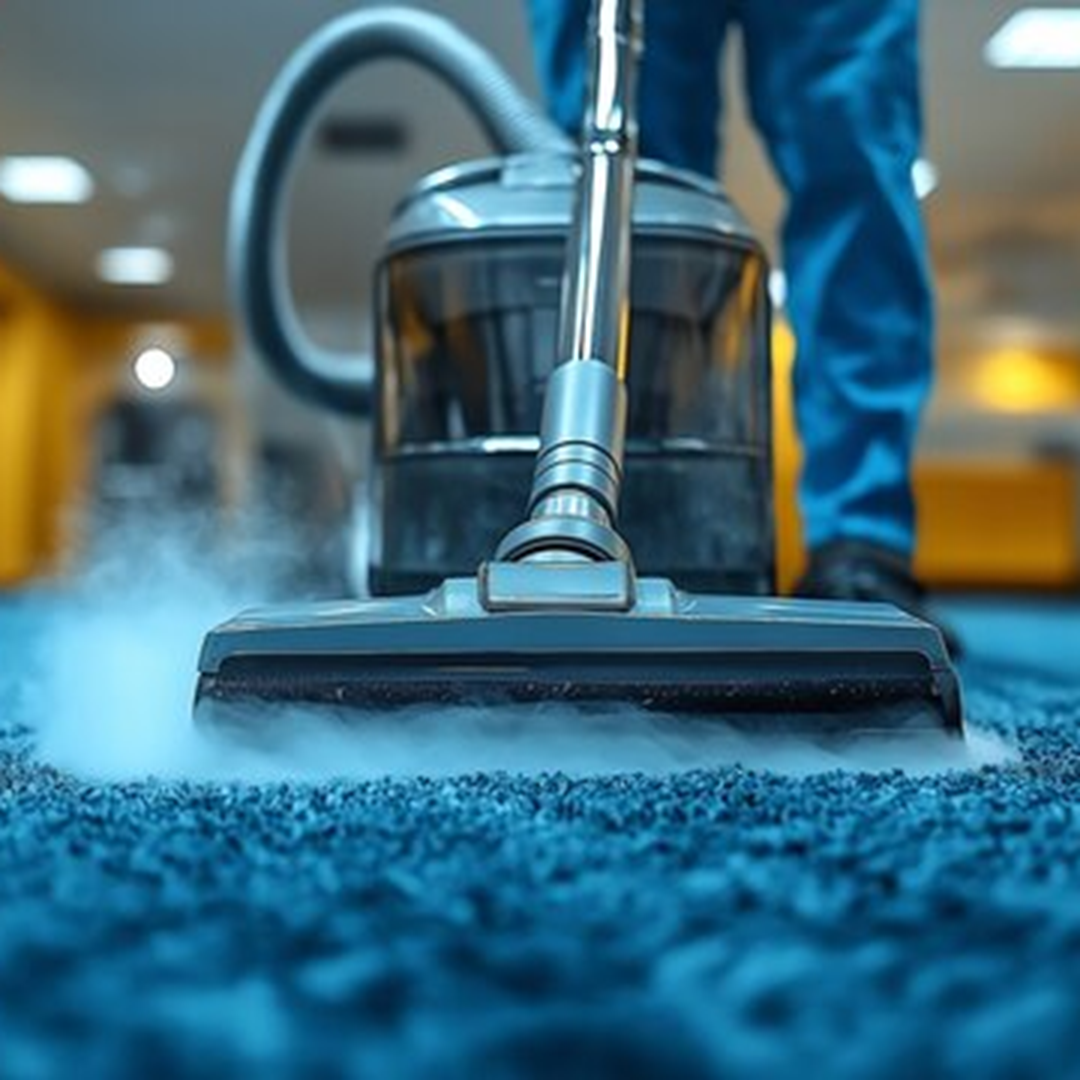 Deep carpet steam cleaning with visible steam effect and professional vacuum equipment in a commercial space, symboli (1) fitness 12-1080